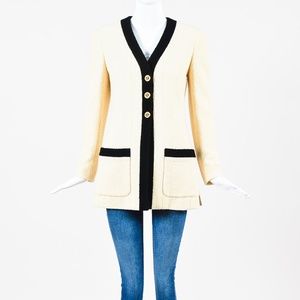 VINTAGE Chanel Boutique 93P Cream Black Wool Gold Tone 'CC" Button Jacket